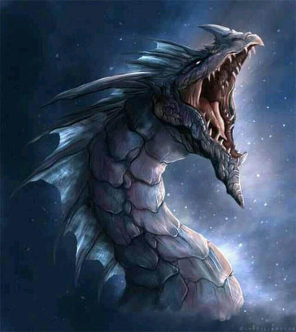 Image of Diamond painting of a majestic blue dragon with shimmering silver accents