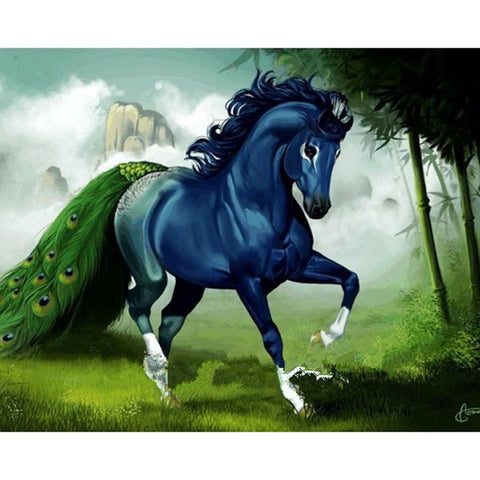 Image of Diamond painting of a majestic blue horse with a flowing mane and a colorful peacock tail.