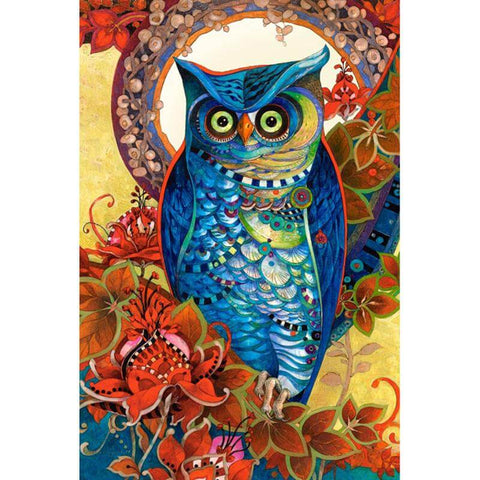 Image of Diamond painting of a blue owl perched on a branch, surrounded by a wreath of colorful flowers.