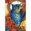 Diamond painting of a blue owl perched on a branch, surrounded by a wreath of colorful flowers.