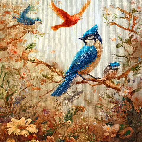 Image of Diamond painting of bluebirds perched on a blossoming branch with flowers.