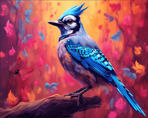 Image of diamond painting of a blue jay bird in an autumn forest