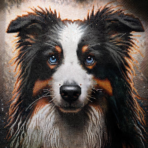 Diamond painting of a Border Collie dog with stunning blue eyes.