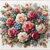 Diamond painting of a vibrant floral fantasy with a bouquet of colorful flowers.