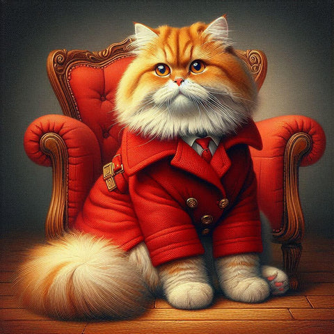 Image of Diamond painting of a British Shorthair cat wearing a red coat