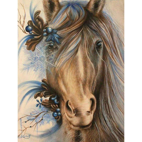 Image of Diamond painting of a majestic brown horse with colorful flowers braided into its mane.