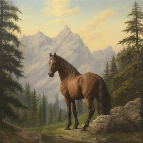 Image of Diamond painting of a brown horse standing in a lush green meadow in the Rocky Mountains.