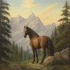 Diamond painting of a brown horse standing in a lush green meadow in the Rocky Mountains.