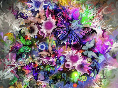 Diamond painting of colorful butterflies and flowers.