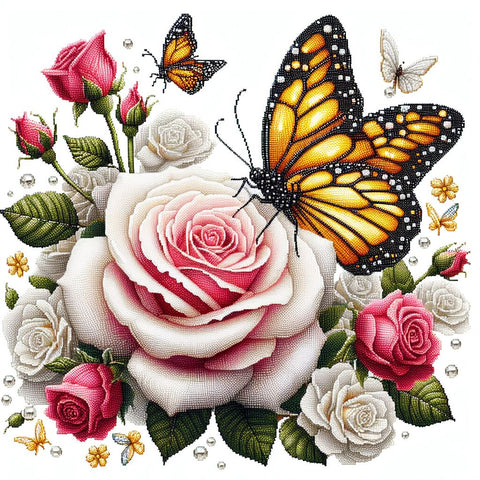 Image of Diamond painting of a cluster of colorful butterflies fluttering around pink roses with green leaves.
