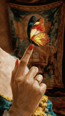 Image of Sparkling diamond art featuring a beautiful butterfly perched on a finger, a symbol of nature's delicate beauty.