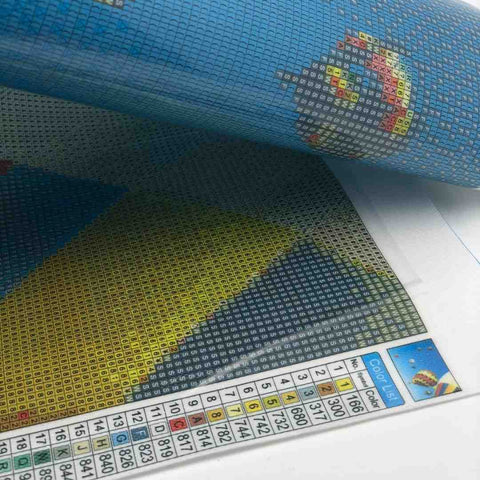 Image of Close-up of a diamond painting canvas with blue and yellow color-coded areas exposed under a partially peeled protective film, alongside a symbol guide for placing the resins
