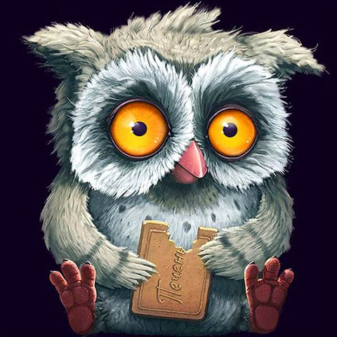 Image of Diamond painting of a cartoon owl with big eyes, happily holding a chocolate chip cookie.