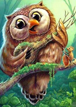 Image of Diamond painting of a colorful cartoon owl perched on a tree branch, singing