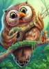 Diamond painting of a colorful cartoon owl perched on a tree branch, singing