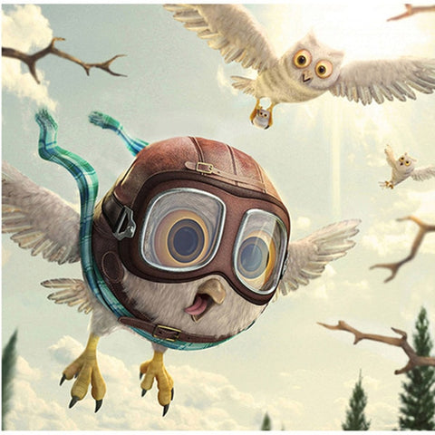 Image of Diamond painting of a cartoon baby owl wearing a pilot's helmet and goggles.