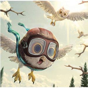 Diamond painting of a cartoon baby owl wearing a pilot's helmet and goggles.