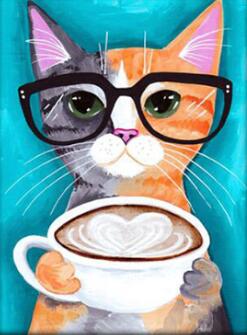 Image of diamond painting of a gray and yellow cat wearing glasses and holding a cup of espresso