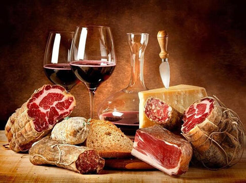 Image of diamond painting of a charcuterie board with meats, cheese, and wine