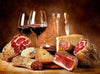 diamond painting of a charcuterie board with meats, cheese, and wine