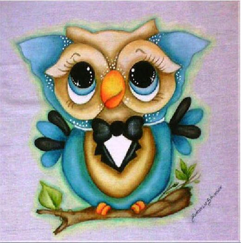 Image of Diamond painting of a chibi owl wearing a blue bowtie.