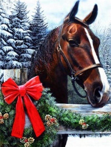 Image of Diamond painting of a brown horse in winter wonderland.
