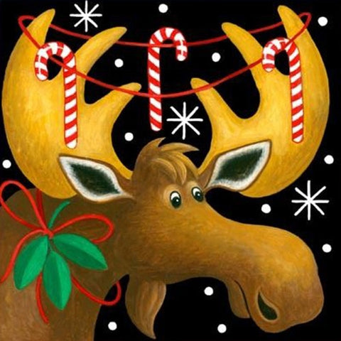 Image of diamond painting of a cute moose with candy canes and holly