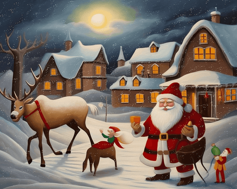 Image of diamond painting of Santa, elves, and reindeer in a snowy village