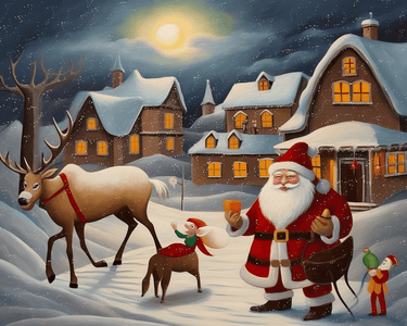 diamond painting of Santa, elves, and reindeer in a snowy village