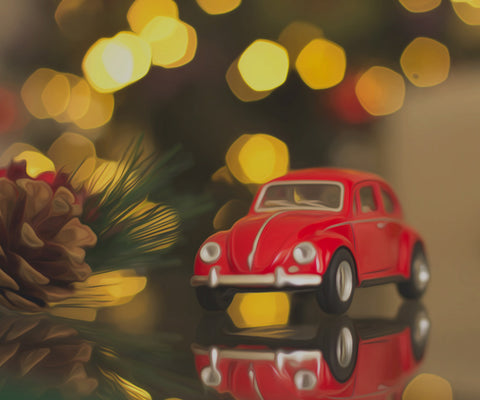 Image of diamond painting of a red toy car with Christmas decorations