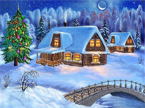 Image of Sparkling diamond art depicting a nostalgic Christmas scene of a village blanketed in snow and adorned with festive decorations.