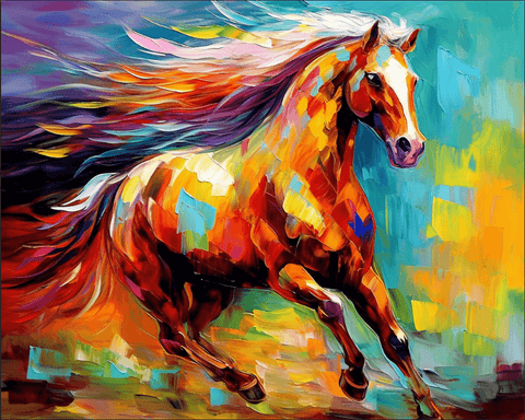 Image of Diamond painting of a colorful stallion, with a flowing mane and tail in a rainbow of colors.