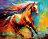 Diamond painting of a colorful stallion, with a flowing mane and tail in a rainbow of colors.