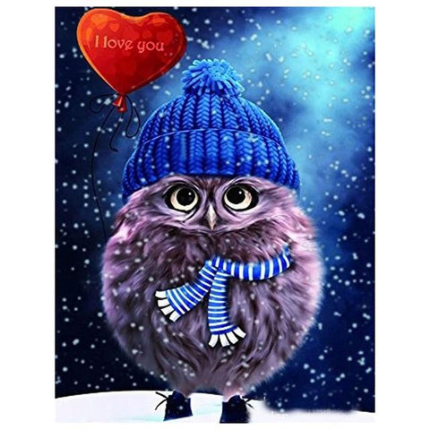 Image of Diamond painting of a chubby owl holding a red heart-shaped balloon.