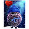 Diamond painting of a chubby owl holding a red heart-shaped balloon.
