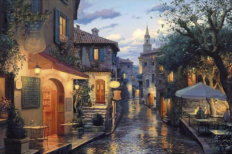 diamond painting of a quaint European street at twilight