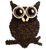 Diamond painting of a whimsical owl created from coffee beans and coffee cups.