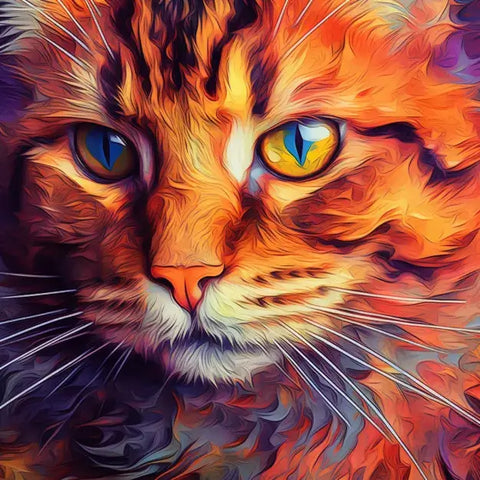 Image of Diamond painting of a colorful cat's face with blue eyes