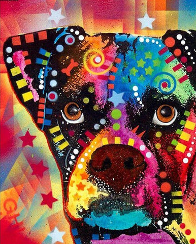 Image of Diamond painting of a colorful dog with stars.