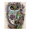 Diamond painting of a colorful doodle owl with big eyes, and a yellow beak perched on a branch.