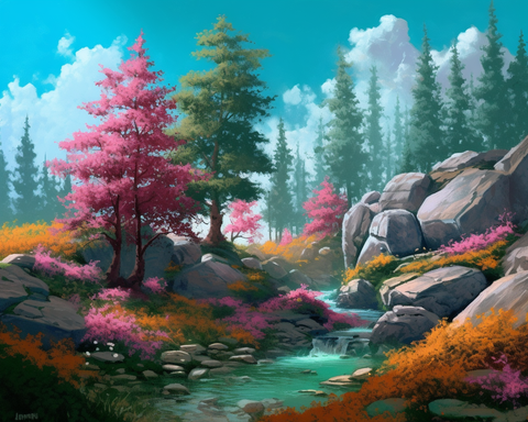 Image of diamond painting of a colorful forest with a stream