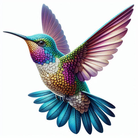 Image of Diamond painting of a colorful hummingbird in flight 