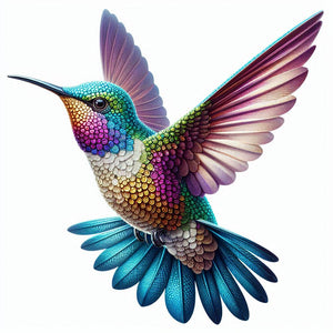 Diamond painting of a colorful hummingbird in flight 