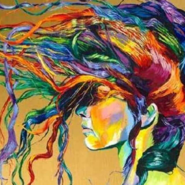 Diamond painting of colorful interlocking geometric shapes.