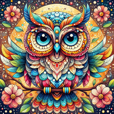 Image of Diamond Painting: Colorful Owl Perched on a Branch