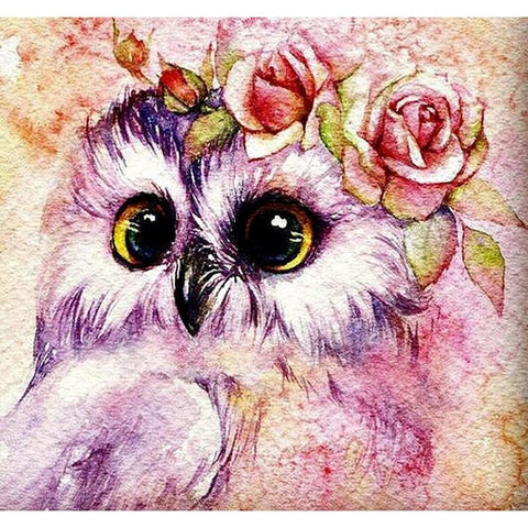 Image of Diamond painting of a colorful owl with a crown of flowers