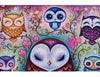 Diamond painting of a group of colorful owls, perched on a tree branch surrounded by pink and purple flowers.