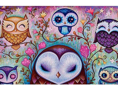 Diamond painting of a group of colorful owls, perched on a tree branch surrounded by pink and purple flowers.