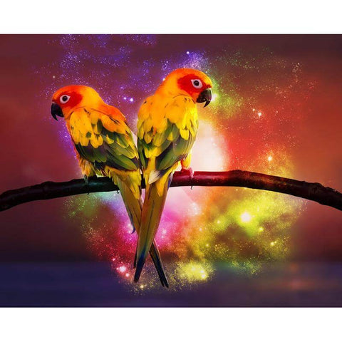 Image of diamond painting of two colorful parrots on a branch