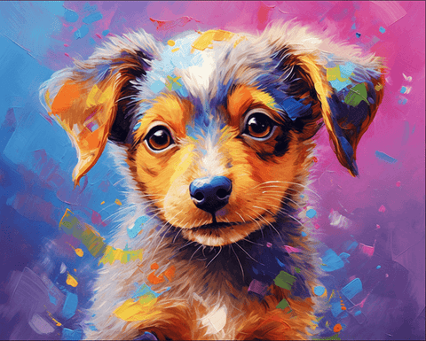 Image of diamond painting of a colorful puppy portrait